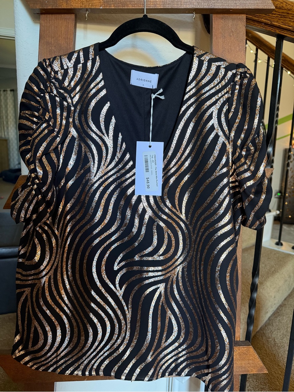 Adrienne Black Top with Metallic Gold Wave Print